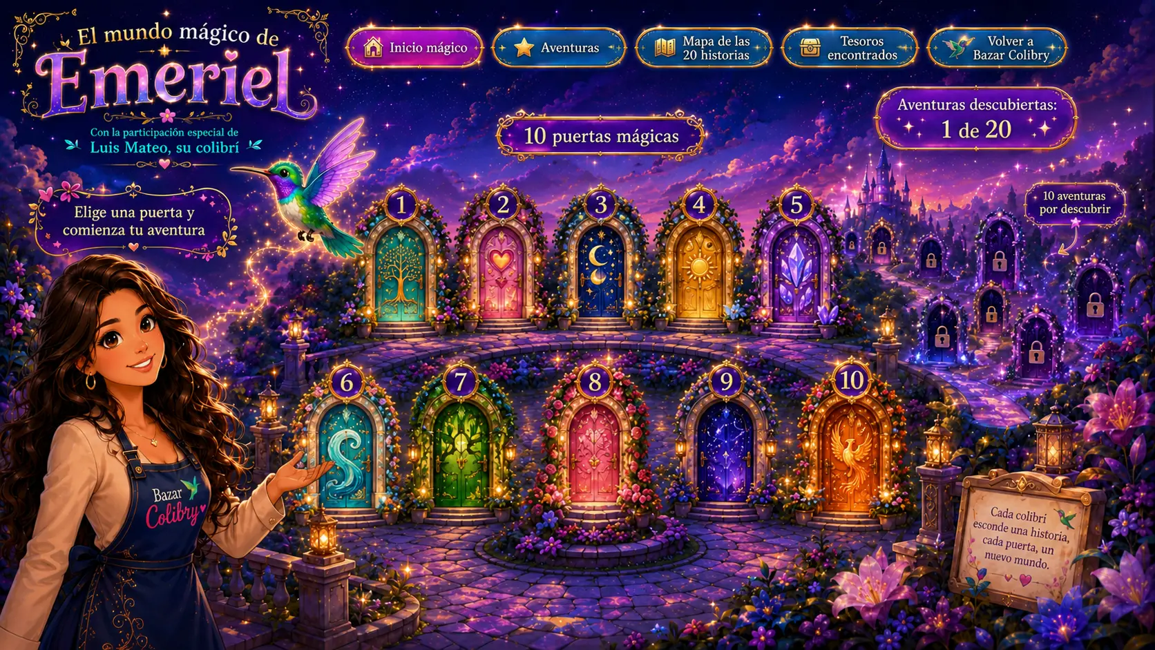 Mapa mágico con 10 puertas principales y 10 aventuras por descubrir