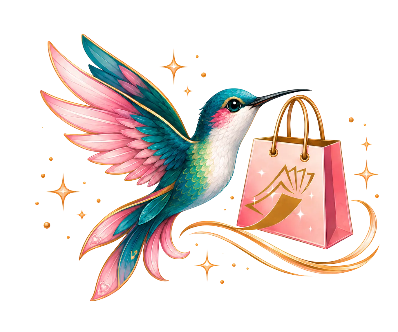 Logo de Bazar Colibry SPA, colibrí rosa con bolsa de compras